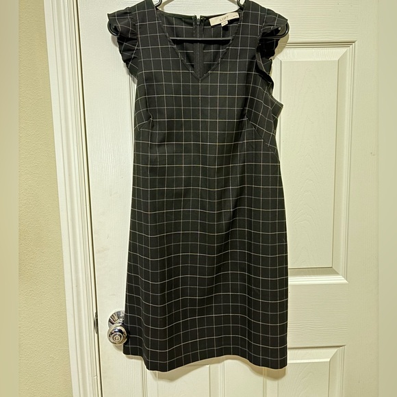LOFT Black Check Plaid Ruffle Sheath Dress, Size 6P - Picture 4 of 9